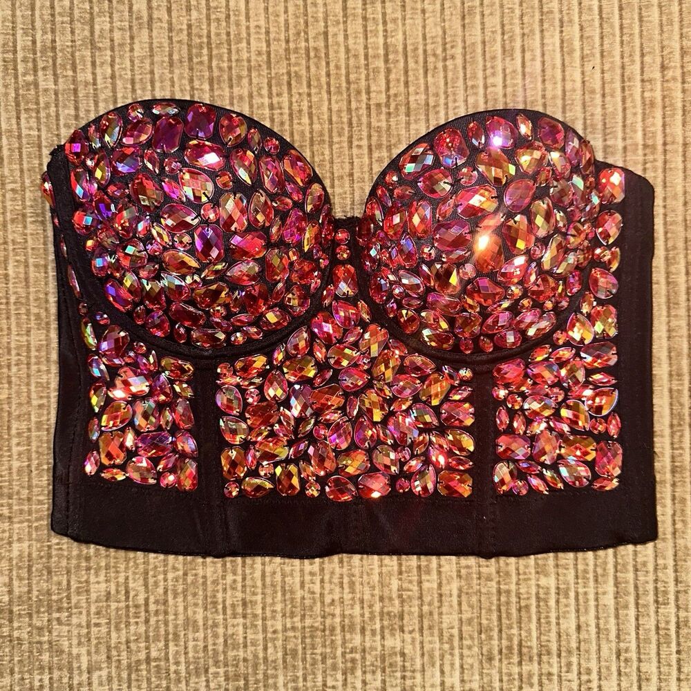 Lydia Red Pink Large Sequin Gems Bustier Corset Top Size S Party Festival Glam